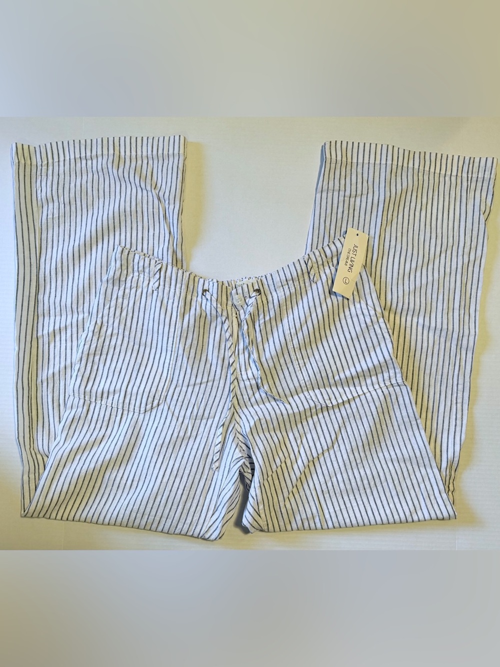 Just Living Women's White Linen Pants with Navy Pinstripes - Straight Leg L